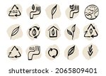 Ecological, natural production and construction, reusable energy line art icons set. Collection of the hands holding leaves, recycle symbols, green environment. Sketch vector isolated illustrations.