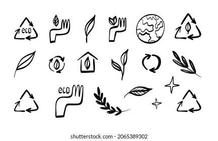 Ecological, natural production and construction, reusable energy line art icons set. Collection of the hands holding leaves, recycle symbols, green environment. Sketch vector isolated illustrations.