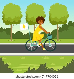 Ecological nature background with girl riding a bicycle