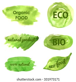 Ecological and nature banners. Go green, healthy food, organic, eco, bio phrases on watercolor painted green banners and backgrounds