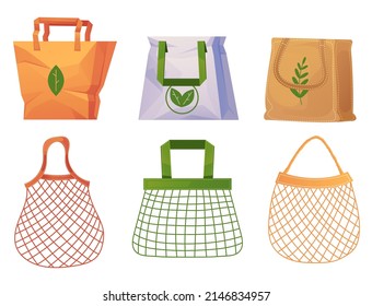 Ecological nature friendly bags isolated set. Vector flat cartoon design element illustration