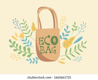 Ecological no plastic bags concept. Illustration with textile eco reusable shopping bag and green herbs, flowers and leaves