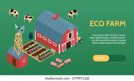 Ecological organic farming online eco farm isometric website banner with barn windmill livestock vegetables background vector illustration