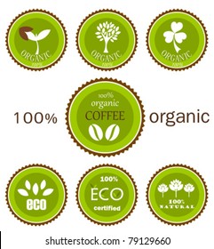 Ecological organic various  icons, labels or logo in green and brown colors for food products. Vector design