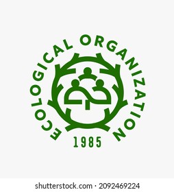 Ecological organization badge Eco green bio society logo design concept Group of people tree plant wreath icon Sustainable institution graphic idea  Environment nature protection 