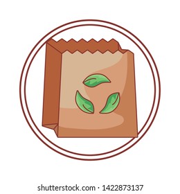 ecological paper bag with leaves in frame circular