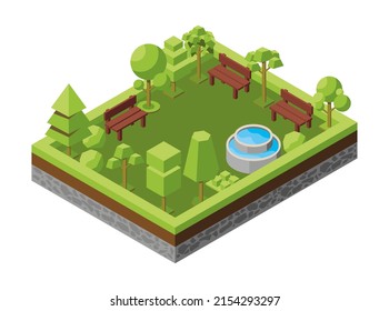 Ecological park concept in spring and summer, recreation areas with a fountain and benches. Natural landscape, forest, grove, environment. Botanical objects, trees, plant.Vector isometric illustration