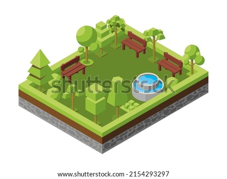 Ecological park concept in spring and summer, recreation areas with a fountain and benches. Natural landscape, forest, grove, environment. Botanical objects, trees, plant.Vector isometric illustration