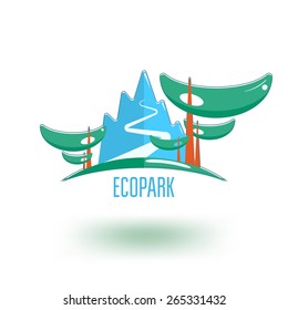 Ecological park logo template. Mountain road in the woods.