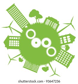 Ecological planet vector background with wind generators and conceptual gears