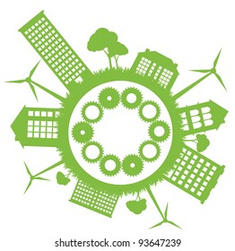 Ecological planet vector background with wind generators and conceptual gears