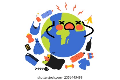 Ecological pollution concept, Earth with garbage around. Save Earth from pollution protect and save world. Vector.