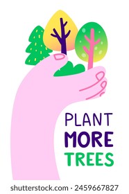 Ecological poster about planting trees with stylized hand holding plants. Doodle vector environmental banner.