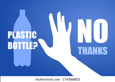 Ecological poster. Banner composed of blue plastic bottle and white hand sign stop on blue background. Plastic bottle, no thanks. Flat design. Problem plastic pollution. 