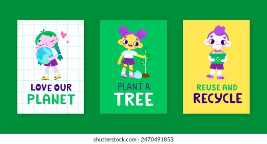 Ecological poster set with cartoon kids. Vector environmental banner collection about saving earth.