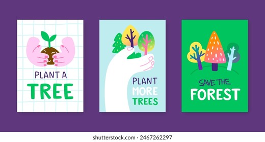 Ecological poster set with planting trees. Vector environmental banner collection about plants.