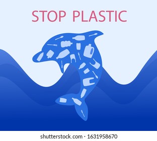 
Ecological poster. Stop plastic. Dolphin is filled with plastic. Vector illustration on a blue background.