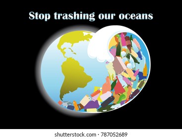 Ecological poster. A tsunami wave of plastic debris flooded the globe. Ecological disaster.