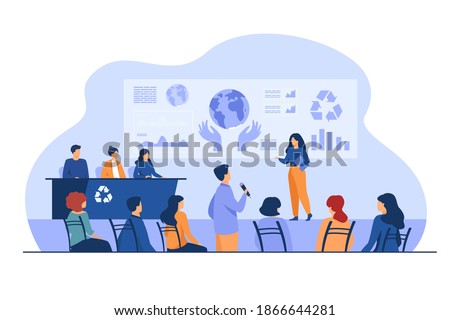 Ecological press conference member speaking on stage before audience, presenting graphs with earth. Vector illustration for global meeting, scientific forum, mass media concept