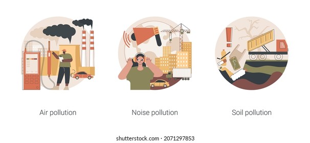 Ecological problem abstract concept vector illustration set. Air and noise pollution, soil contamination, urban smog, vehicle exhaust, global warming, land degradation, environment abstract metaphor.