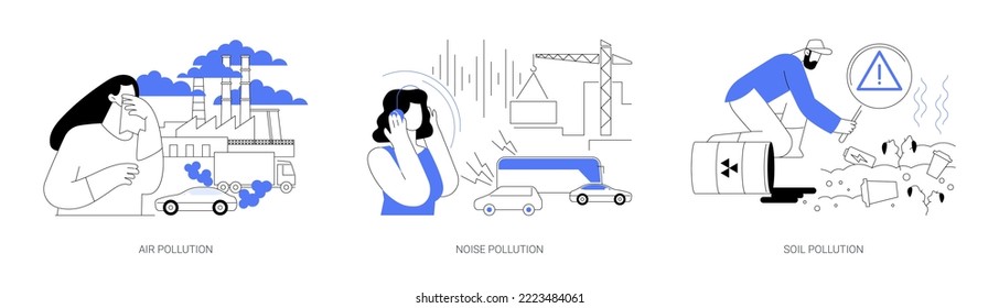 Conjunto de ilustraciones vectoriales de concepto abstracto de problemas ecológicos. Contaminación atmosférica y acústica, contaminación del suelo, smog urbano, escape de vehículos, calentamiento global, degradación del suelo, metáfora abstracta del medio ambiente.