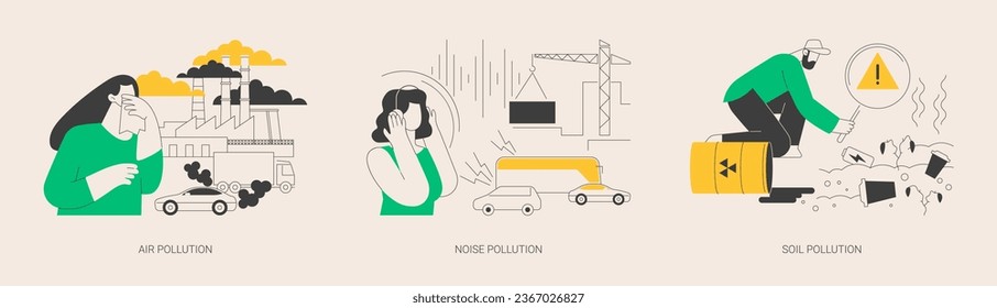 Conjunto de ilustraciones vectoriales de concepto abstracto de problemas ecológicos. Contaminación atmosférica y acústica, contaminación del suelo, smog urbano, escape de vehículos, calentamiento global, degradación del suelo, metáfora abstracta del medio ambiente.