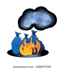 Ecological problem air pollution flat concept with burning garbage plastic toxic waste vector illustration