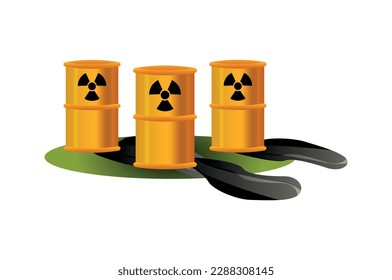 Ecological problem air and water pollution flat concept with barrels and spilled toxic waste on green lawn vector illustration