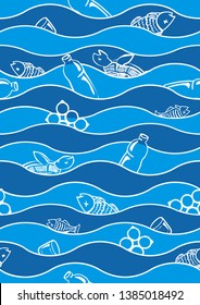 Ecological problem. Garbage in the ocean. Dead fish and turtle. Environmental pollution. Stop plastic. Vector seamless pattern. Background.