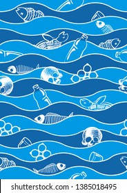 Ecological problem. Garbage in the ocean. Dead fish, turtle, skulls, fish bones. Environmental pollution. Stop plastic. Vector seamless pattern. Background.