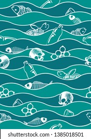 Ecological problem. Garbage in the ocean. Dead fish, turtle, skulls, fish bones. Environmental pollution. Stop plastic. Vector seamless pattern. Background.