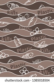 Ecological problem. Garbage in the ocean. Dead fish and turtle. Environmental pollution. Stop plastic. Vector seamless pattern. Background.