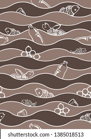 Ecological problem. Garbage in the ocean. Dead fish and turtle. Environmental pollution. Stop plastic. Vector seamless pattern. Background.