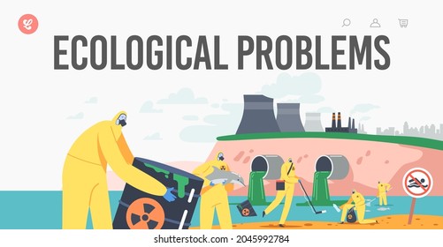 Ecological Problem Landing Page Template. Ocean Oil Pollution, Characters in Protective Suits and Masks Cleaning Sea Beach Polluted with Toxic Barrels and Dead Fish. Cartoon People Vector Illustration