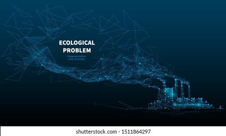 Problema ecológico: ilustración de arte de polos bajos. Tubos de fábrica de poligono 3d que producen gases. Concepto industrial de contaminación del aire con puntos y líneas conectados. Malla de trama vectorial problema del medio ambiente