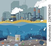 Ecological problem. Planet Earth is full of rubbish. Save the planet. Earth Day. Restoration of ecology of the planet. Toxic waste. Emissions from factories. Changing of the climate. Waste pollution