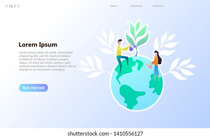 Ecological problem of the planet. People character planting, watering, gathering. People grow plants, doing farming job. World Environment Day, Bio Technology, green planet, globe and trees concept