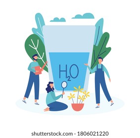 Ecological problem of saving clean water resource concept with ecologists, flat vector illustration isolated on white background. Global water supply and conservation.