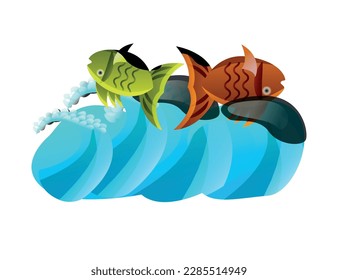 Ecological problem water pollution flat concept with dead fish in sea after oil spill vector illustration