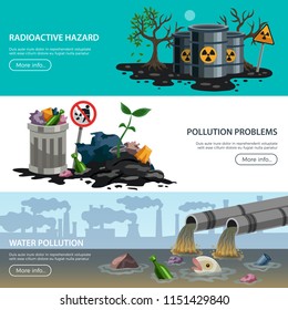 Ecological problems 3 flat horizontal banners web page design with hazardous waste air water pollution vector illustration  