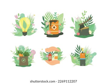 Ecological problems and alternative renewable energy sources set. Ecology and environmental protection cartoon vector illustration