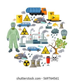 Ecological problems elements composition with toxic nuclear fuel and trash kinds of environmental pollution isolated vector illustration