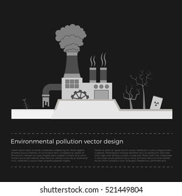 Ecological problems: environmental pollution vector concept in flat design and monochromatic colors. Factory building pouring wastes. Black background.