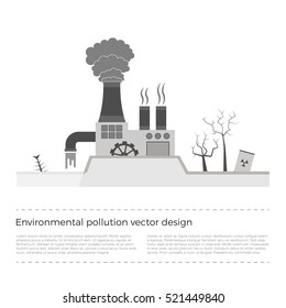 Ecological problems: environmental pollution vector concept in flat design and monochromatic colors. Factory building pouring wastes. White background.