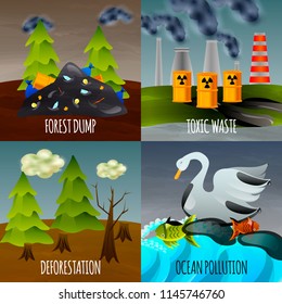 Ecological problems flat design concept with toxic waste garbage dumps deforestation and ocean pollution isolated vector illustration 