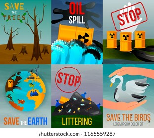 Ecological problems flat vertical cards with saving of earth resources and environmental disasters isolated vector illustration