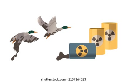 Ecological problems set. Ecological disaster, ducks in oil spill vector illustration