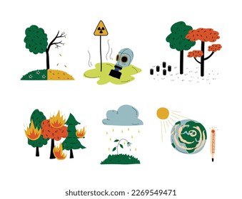 Ecological problems set. Drought, global warming, fire, toxic rain cartoon vector illustration