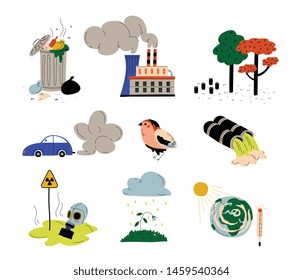 Ecological Problems Set, Environmental Pollution of Earth, Water, Air, Deforestation, Global Warming, Acid Rain Vector Illustration