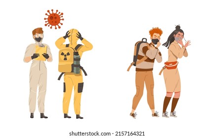 Problemas ecológicos. Las personas en traje de protección están protegidas de la ilustración de vectores del medio ambiente contaminado